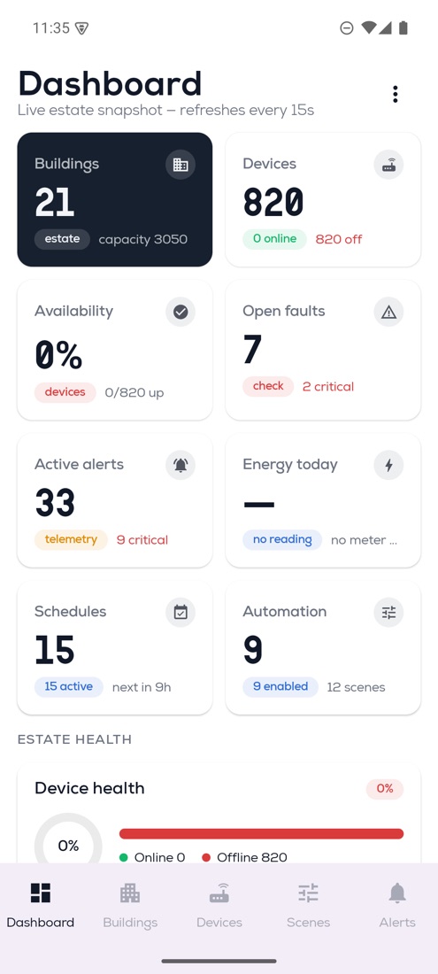 The α²Buildings Android app showing the live estate dashboard