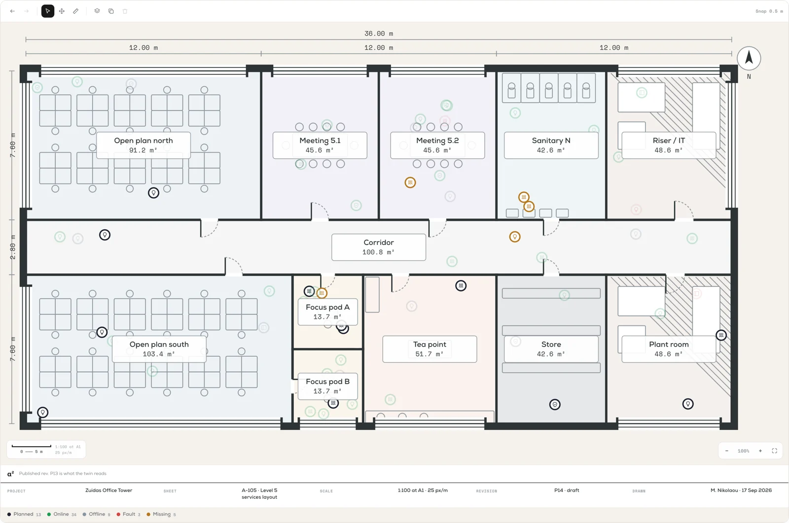 Floor plan drawing with wall poché, door swings, window mullions and furniture generated per room use type